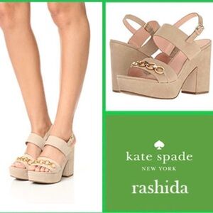 kate spade Rashida Sand Kid Suede Chunky Ankle Strap Sandals Heels Gold Chain W9
